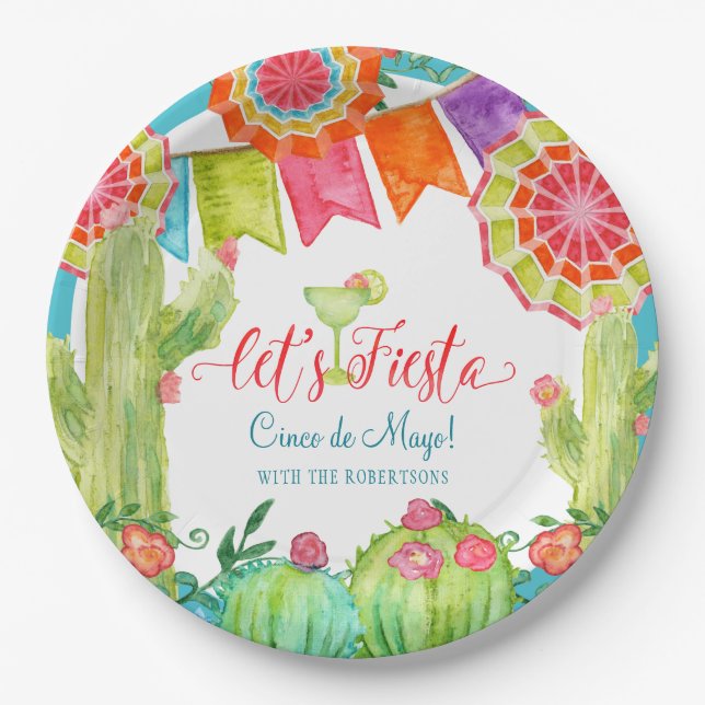Lässt Fiesta-Kaktus blaues Cinco De Mayo Margarita Pappteller (Vorderseite)