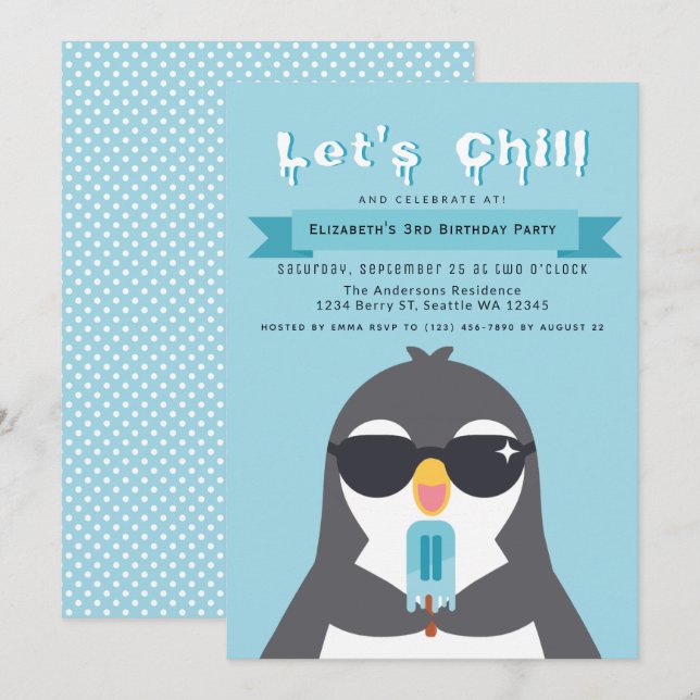 Lasst uns Chill Niedlich Pinguin Kindergeburtstag  Einladung (Vorne/Hinten)