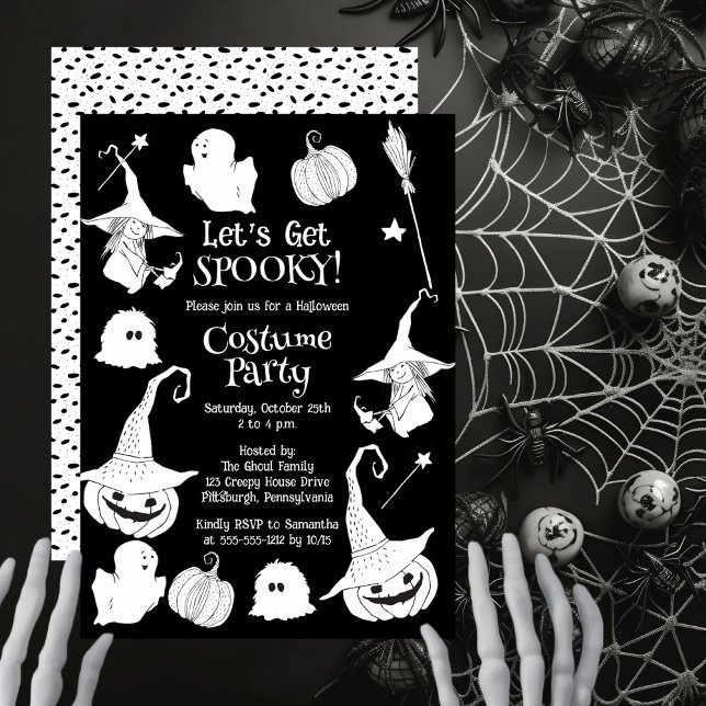 Lasst uns ein tolles Halloween-KostümParty bekomme Einladung (Black and white 'Let's Get Spooky!' Halloween Costume Party design.)