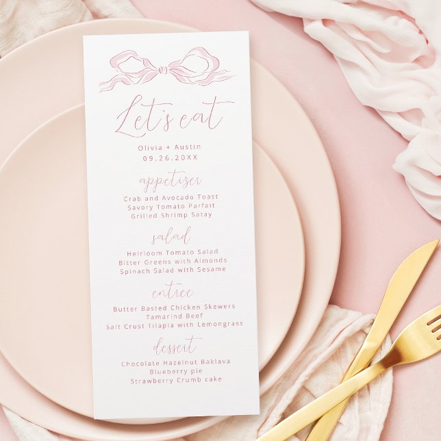 Lasst uns eine elegante, rosa Hand gezeichnete Bow Menükarte (Let's Eat Elegant Pink Hand Drawn Bow Wedding Menu)