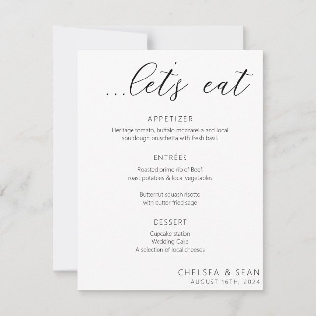 Lasst uns Elegant Wedding Empfang Menu essen (Vorderseite)