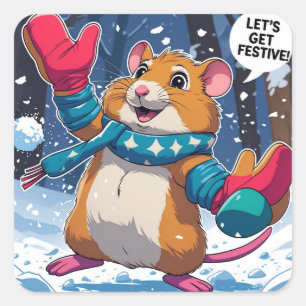 Lasst uns festlich werden Lustiger Hamster wirft S Quadratischer Aufkleber