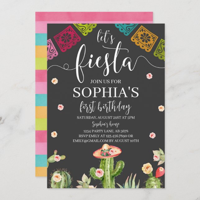 Lasst uns Fiesta Geburtstag Einladung Black (Vorne/Hinten)
