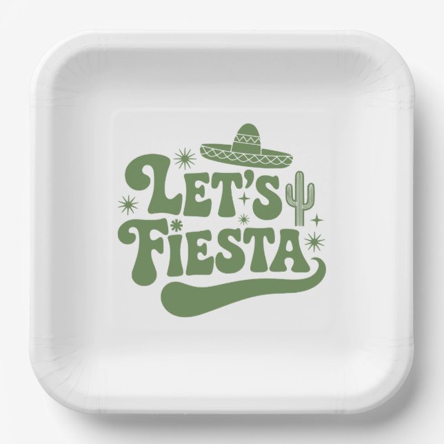 Lasst uns Fiesta Groovy Sombrero Kaktus Festlich Pappteller (Vorderseite)