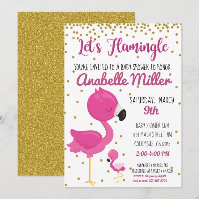 Lasst uns Flamingle Baby Shower einladen Einladung (Vorne/Hinten)