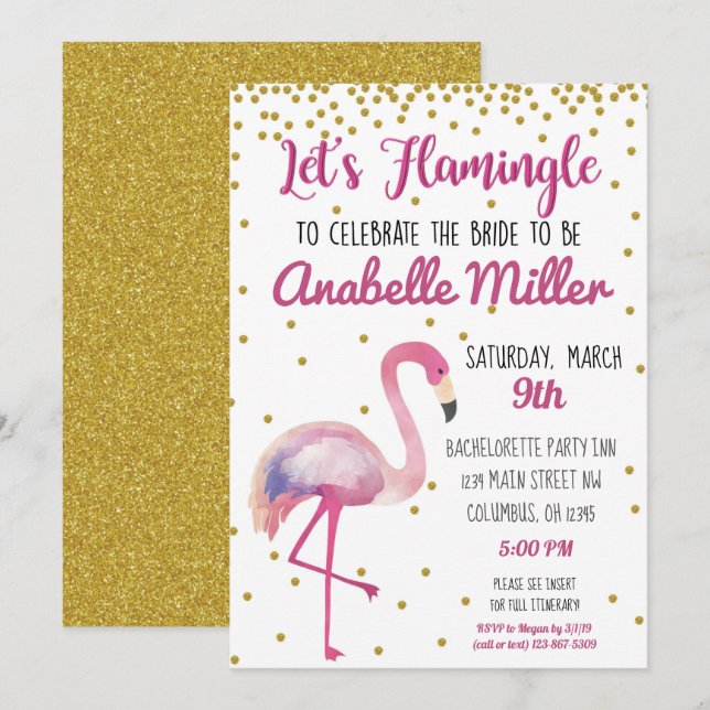 Lasst uns Flamingle Bachelorette einladen Einladung (Vorne/Hinten)