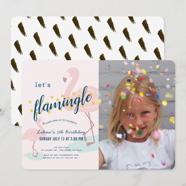 Lasst uns Flamingle Framingo Pink Foto Girl Birthd Einladung (Vorne/Hinten)