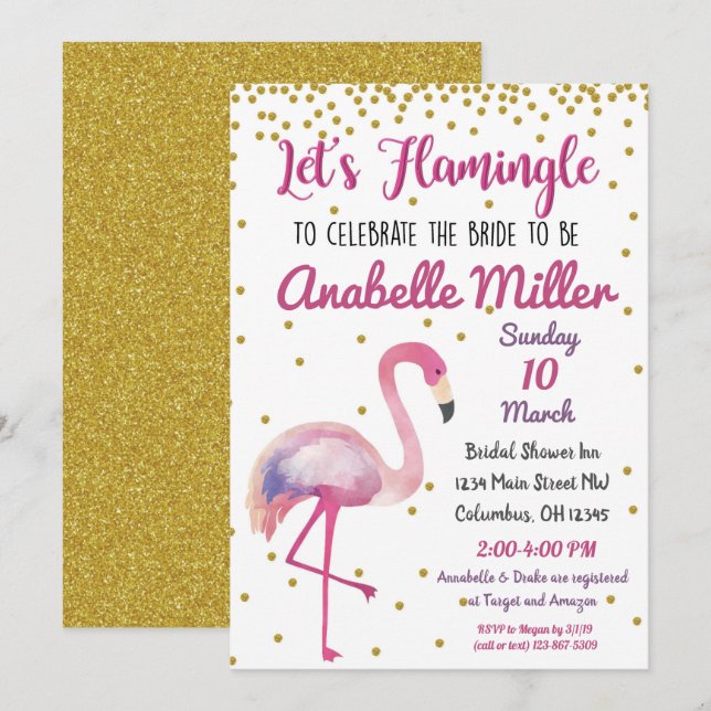 Lasst uns Flamingle Gold Bridal Dusche Einladung (Vorne/Hinten)