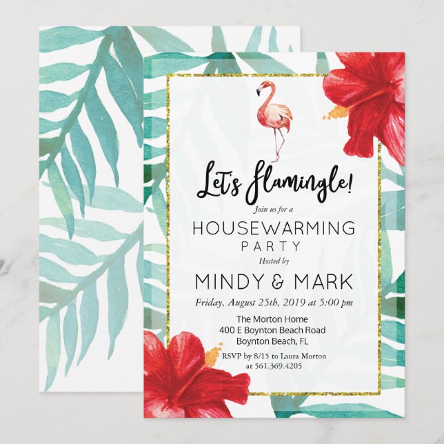 Lasst uns Flamingle Housewärming Einladung. Einladung (Vorne/Hinten)
