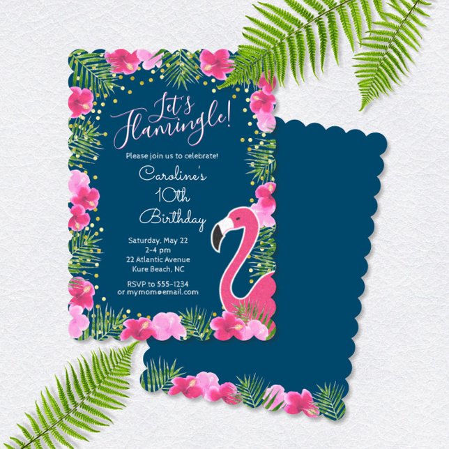 Lasst uns Flamingle Navy Blue Tropical Floral Gebu Einladung (Von Creator hochgeladen)
