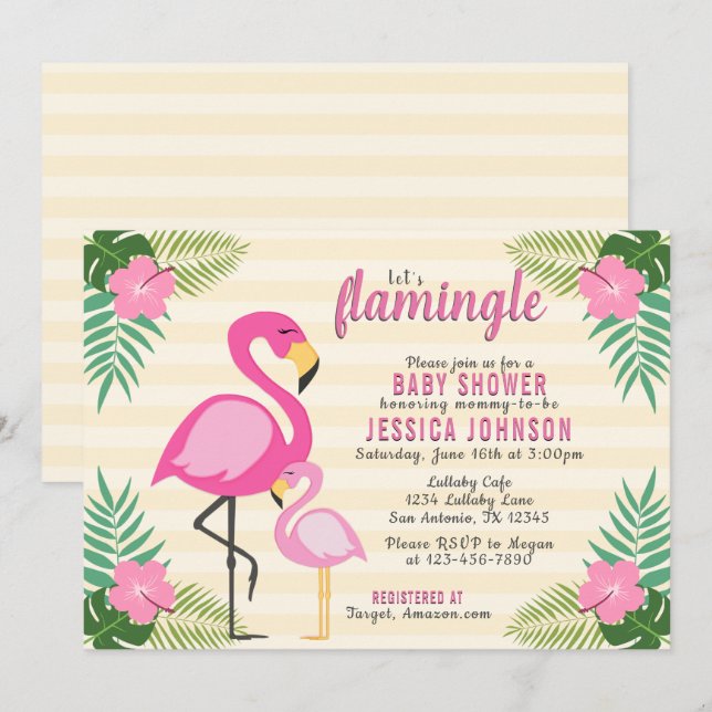 Lasst uns Flamingle Pink Flamingo Baby Dusche Einladung (Vorne/Hinten)