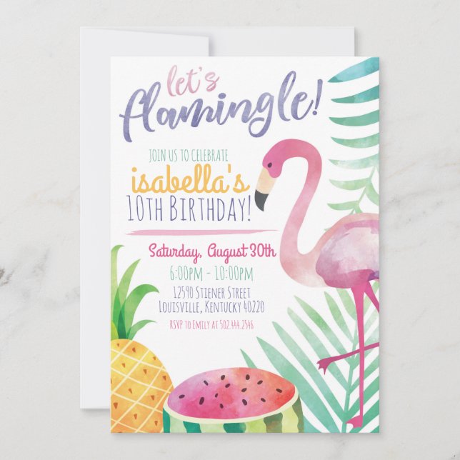 Lasst uns Flamingle Summer Birthday Party Einladun Einladung (Vorderseite)