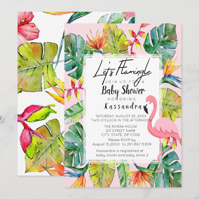 Lasst uns Flamingle Tropical Baby Shower Einladung (Vorne/Hinten)