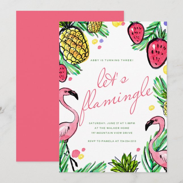 Lasst uns Flamingle Tropical Birthday Party Einlad Einladung (Vorne/Hinten)