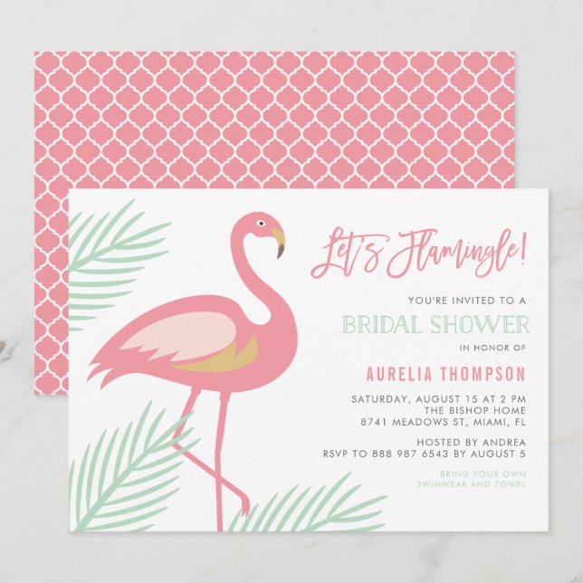 Lasst uns Flamingle Tropical Bridal Dusche einlade Einladung (Vorne/Hinten)