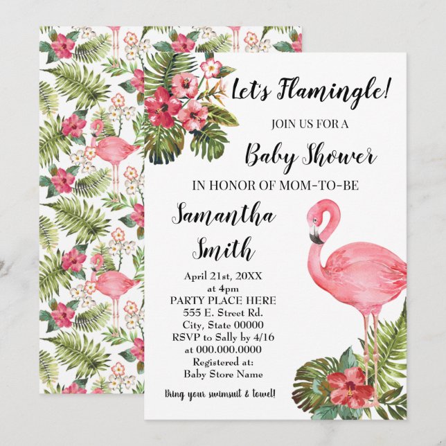 Lasst uns Flamingle! Tropische Flamingo-Babydusche Einladung (Vorne/Hinten)