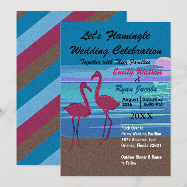 Lasst uns Flamingle Wedding Celebration Beach in D Einladung (Vorne/Hinten)