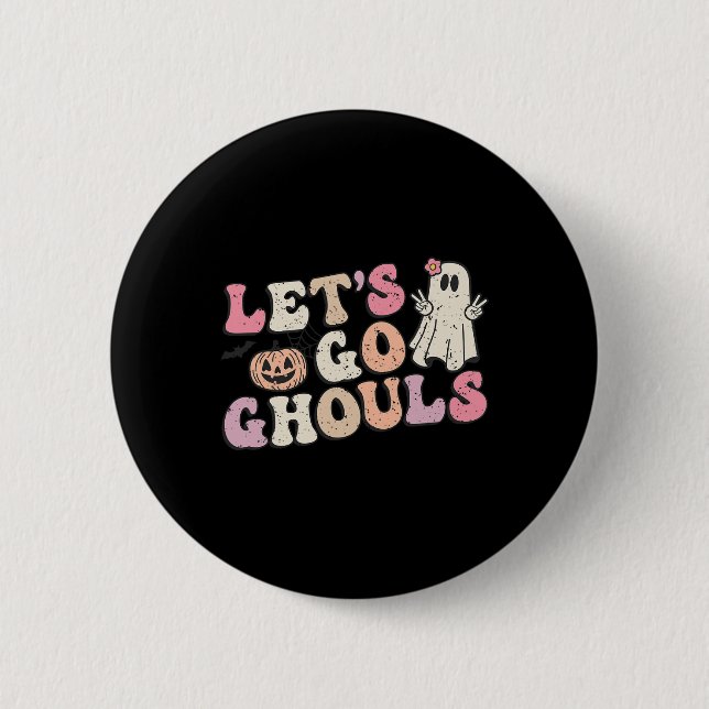 Lasst uns Ghouls Halloween Retro Ghost Pumpkin Wom Button (Vorderseite)