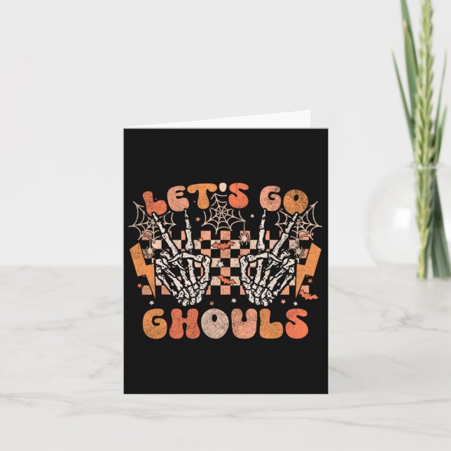 Lasst uns Ghouls Halloween Skeleton Kostüm Retro G Karte (Vorderseite)