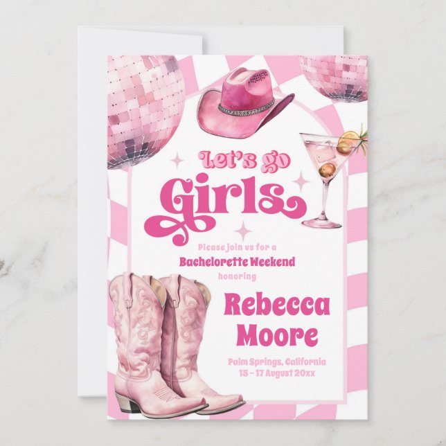 Lasst uns Girl Pink Cowgirl Bachelorette Tour gehe Einladung (Vorderseite)