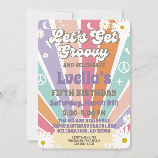 Lasst uns Groovy Hippy Sun & Daisy Girls zum Gebur Einladung (Vorderseite)