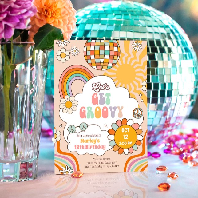 Lasst uns Groovy Retro 70er Rainbow Teen Geburtsta Einladung (Von Creator hochgeladen)