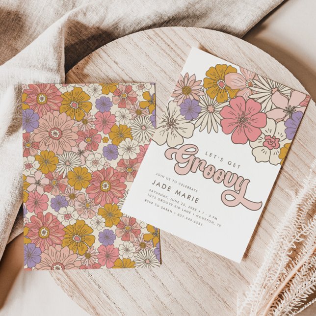 Lasst uns Groovy Retro Boho Floral Girls zum Gebur Einladung (Von Creator hochgeladen)