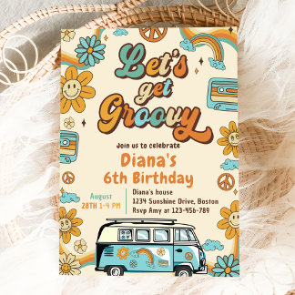 Lasst uns Groovy Retro Rainbow 6. Geburtstag bekom Einladung