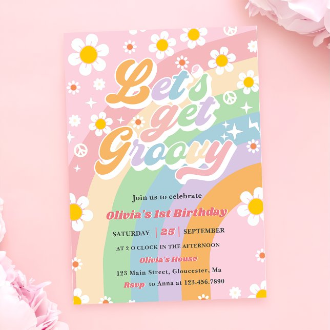 Lasst uns Groovy Vintage Blumenmädchen zum Geburts Einladung (Von Creator hochgeladen)