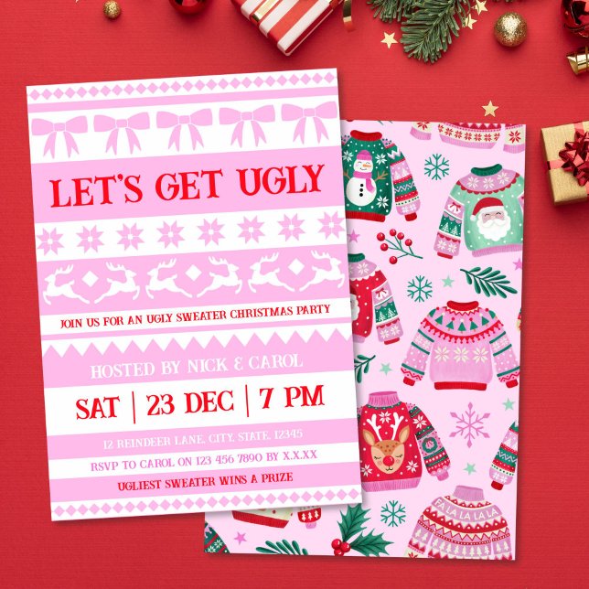Lasst uns hässliche Weihnachten kalt schwitzen Pin Einladung (Let's Get Ugly Christmas Ugly Sweater Pink & Red Invitation)