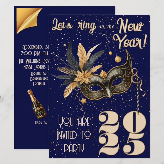 Lasst uns im neuen Party glamourös blau klingeln Einladung (Vorne/Hinten)