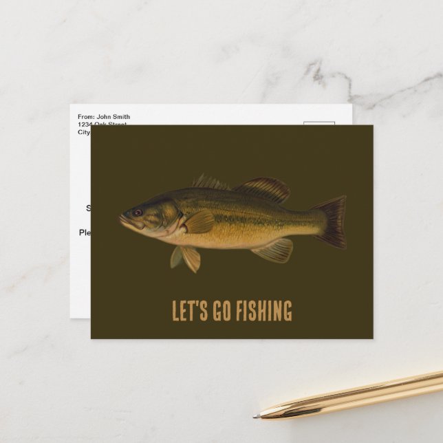 Lasst uns Largemouth Bass Party Einladung fischen  Postkarte (Vorderseite/Rückseite Beispiel)