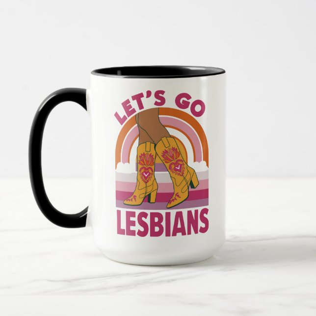 Lasst uns Lesben LGBTQ Pride Monat Cowgirl gehen Tasse (Links)