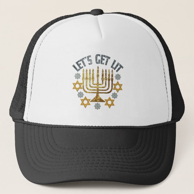 Lasst uns Lit holen - Happy Hanukkah jüdisches Wei Truckerkappe (Vorderseite)