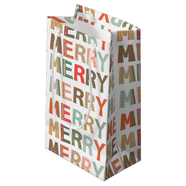Lasst uns MERRY Schriftartes Weihnachtsgeschenktas Kleine Geschenktüte (Vorderseite Schrägansicht)