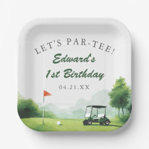 Lasst uns Par-Tee Wasserfarben-Golf-Buggy-Geburtst Pappteller