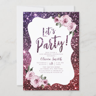 Lasst uns Party Burgund lila Glitzer und Blumen Einladung