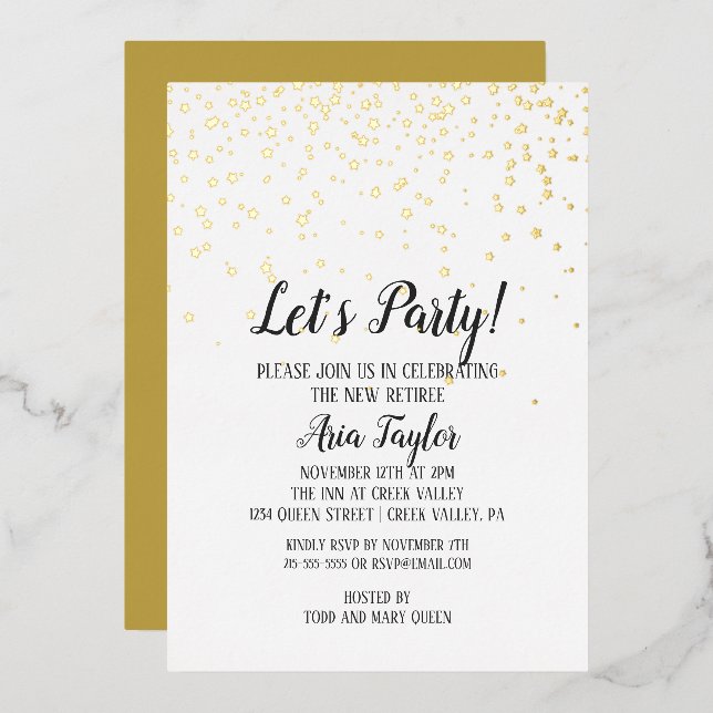 Lasst uns Party Confetti Rente Party Gold Folieneinladung (Vorderseite/Rückseite)