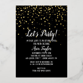 Lasst uns Party Confetti über Black Rtirement Gold Folieneinladung