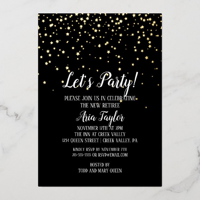 Lasst uns Party Confetti über Black Rtirement Gold Folieneinladung (Vorderseite)