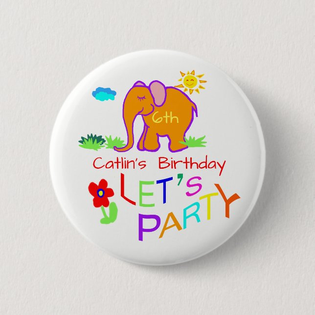 Lasst uns Party Elefanten farbenfrohe Name & Alter Button (Vorderseite)