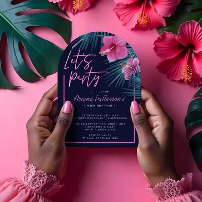 Lasst uns Party Elektrische Neon Pink Tropischen G Einladung (Let's Party Electric Neon Pink Tropical Birthday Invitation)