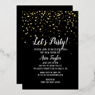 Lasst uns Party Gold Confetti auf Black Abschluss  Folieneinladung