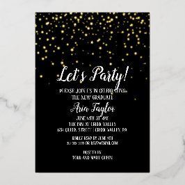 Lasst uns Party Gold Confetti auf Black Abschluss  Folieneinladung