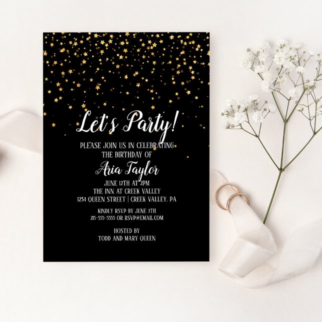Lasst uns Party Gold Confetti auf Black Birthday P Einladung (Von Creator hochgeladen)