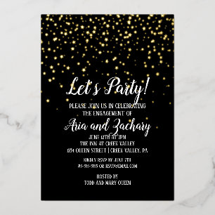 Lasst uns Party Gold Confetti auf Black Verlobung Folieneinladung