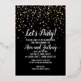 Lasst uns Party Gold Confetti auf Black Verlobung  Folieneinladung