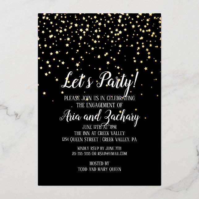 Lasst uns Party Gold Confetti auf Black Verlobung  Folieneinladung (Vorderseite)