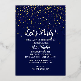 Lasst uns Party Gold Confetti auf Navy Blue Party  Folieneinladung