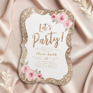 Lasst uns Party goldfarbenen Glitzer und rosa Blum Einladung